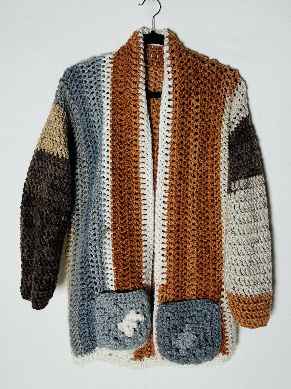 Vintage Style Handmade Crochet Chunky Knit Colour Block Cardigan M Grannycore